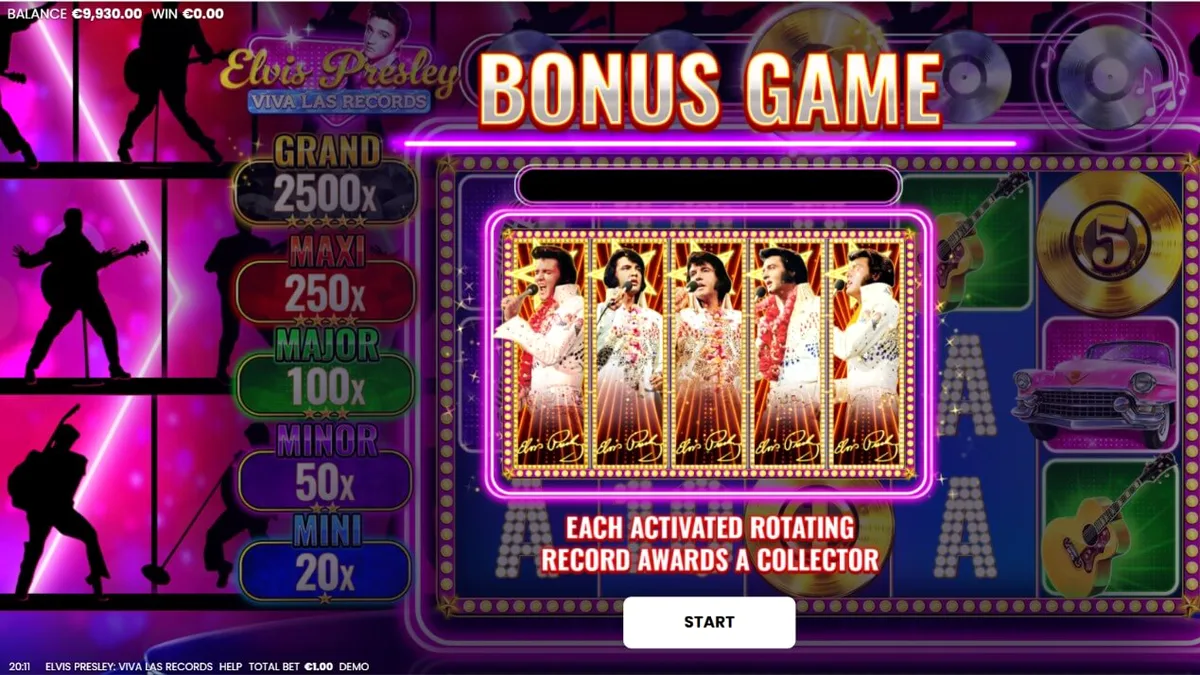 Tampilan visual slot Elvis Presley: Viva Las Records dengan nuansa neon Vegas.