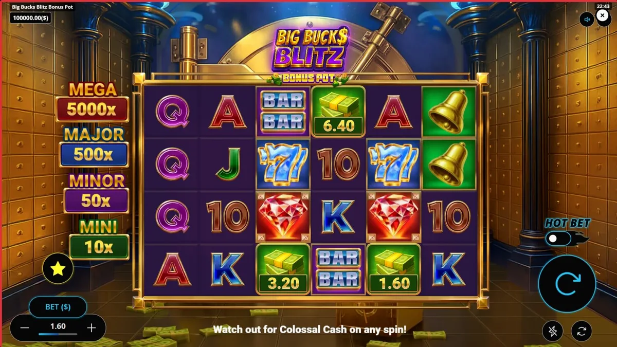 Visual mewah dan elemen brankas emas dalam slot Big Bucks Blitz Bonus Pot